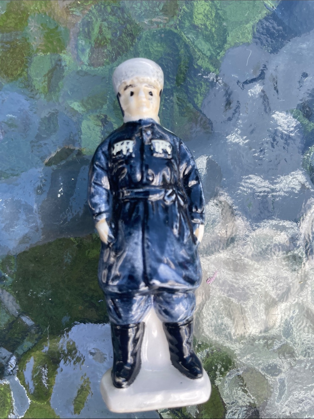Vintage Japan Porcelain Figurine in Dark Blue Coat by